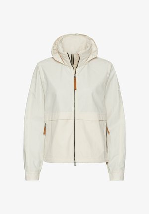 Jasna kremowa kurtka z kapturem, z pełnym suwakowym zamkiem, dwoma kieszeniami na zamek oraz skórzanymi akcentami. Gładka faktura i luźny krój.