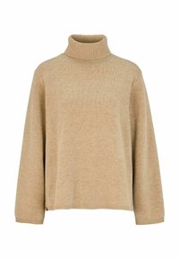 Beige polotröja av mjukt stickat tyg. Har långa ärmar, avslappnad passform och ribbad struktur vid halsringningen och ärmsluten.