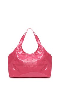Borsa tote rosa lucida con una parte superiore arrotondata, doppi manici e un logo floreale. Texture liscia e design spazioso per un uso versatile.