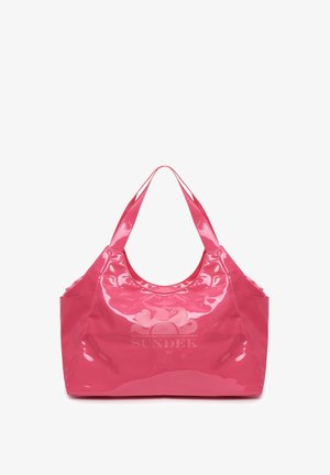 Borsa tote rosa lucida con una parte superiore arrotondata, doppi manici e un logo floreale. Texture liscia e design spazioso per un uso versatile.
