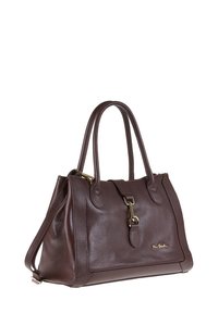Borsa a tracolla in pelle marrone con texture, dotata di doppi manici e una tracolla staccabile, con un serratura in tonalità oro e dettagli del logo.
