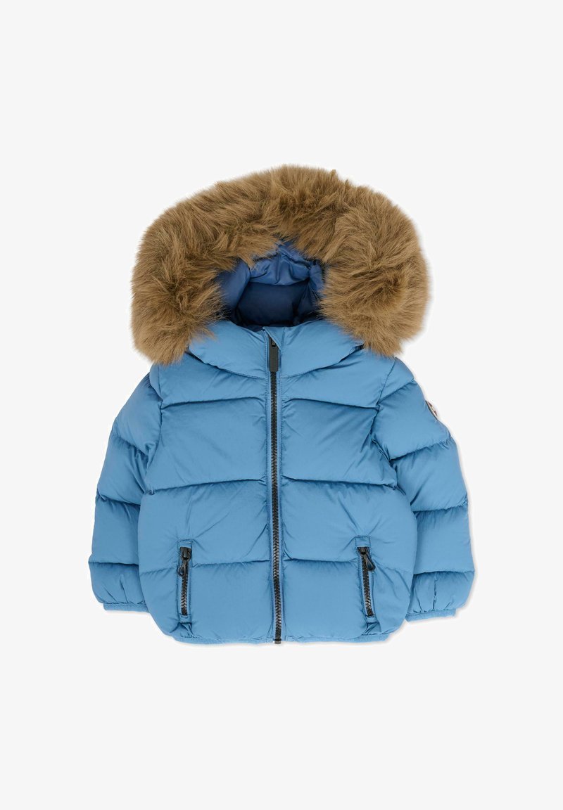 Giacca a vento blu con cappuccio in pelliccia sintetica, chiusura frontale con zip, design trapuntato e due tasche laterali con zip. Tessuto morbido e imbottito.