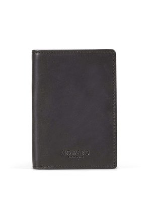 Black leather wallet with subtle texture, embossed "HOWARD" logo, and minimalist design. Features rounded edges and contrast stitching.