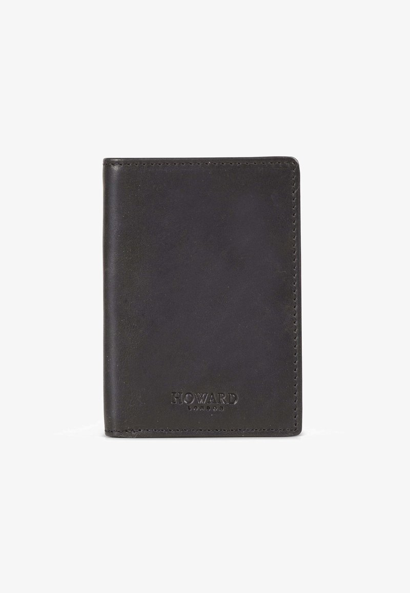 Černá kožená peněženka s jemnou texturou, embosované logo "HOWARD" a minimalistický design. Má zaoblené hrany a kontrastní stehy.