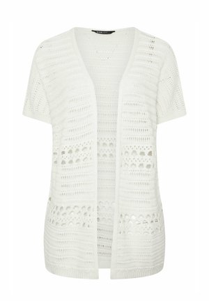 Weißer Kurzarm-Cardigan mit offenem Vorderteil, aufwendigen Häkelmustern und einem leichten, atmungsaktiven Design.