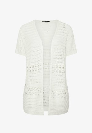 Valkoinen, lyhythihainen, avoin neuletakki, jossa on monimutkaisia virkkauskuvioita ja kevyt, hengittävä muotoilu.