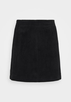 Mini-jupe en velours côtelé noir avec une taille élastique et une coupe droite, présentée sur un fond blanc uni.