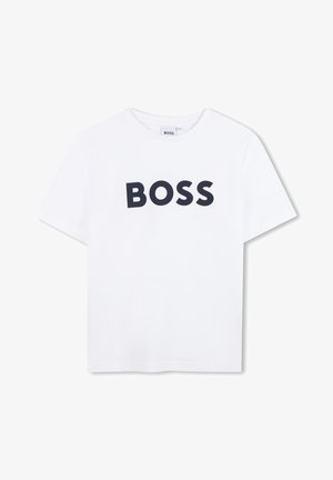 White cotton t-shirt featuring a large navy "BOSS" logo on the front. Classic crew neck and short sleeves with a relaxed fit.