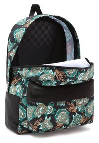 Sac à dos à imprimé floral en noir, teal et cuivre, avec une poche avant, des fermetures éclair et une doublure intérieure à carreaux.