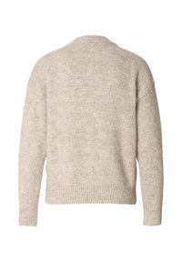 Pull en maille beige à coupe décontractée, col rond, épaules tombantes et ourlet côtelé. Texture douce avec un aspect chiné.