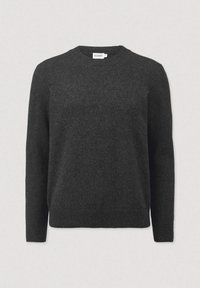 Dunkelgrauer Pullover mit rundem Halsausschnitt, langen Ärmeln, gerippten Bündchen und Saum, aus einem weichen Stoff mit glatter Textur gefertigt.