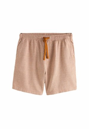 Light beige shorts with small geometric patterns, elastic waistband, and brown drawstring tie at the center front.