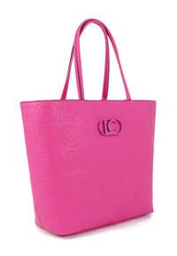 Borsa a mano rosa realizzata in materiale sintetico liscio, con motivi di testo in rilievo, due manici lunghi e un dettaglio logo arrotondato.