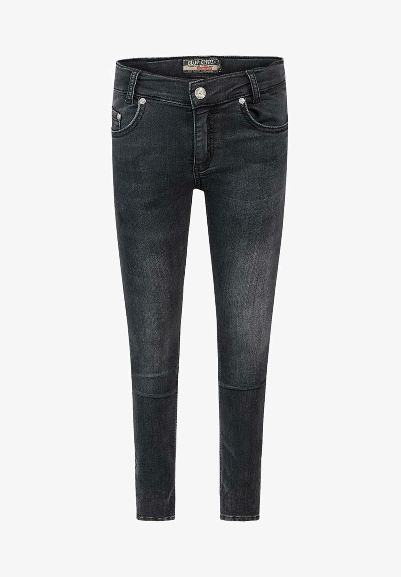 Jean slim noir avec fermeture à bouton et zip à l’avant, poches avant et arrière, et détails légèrement délavés sur les jambes.