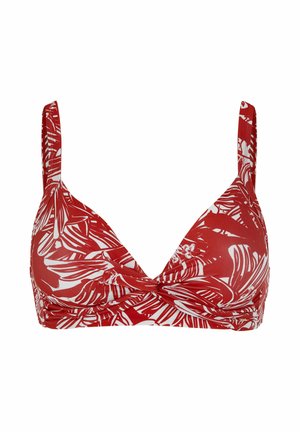 Rotes und weißes Bikinioberteil mit tropischem Blattmuster, verstellbaren Schulterriemen und gedrehtem Vorderteil.
