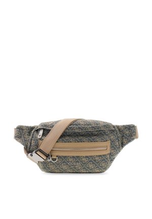 Banane compacte Guess avec sangle ajustable beige, poche avant zippée et tissu à motifs en gris foncé et beige.