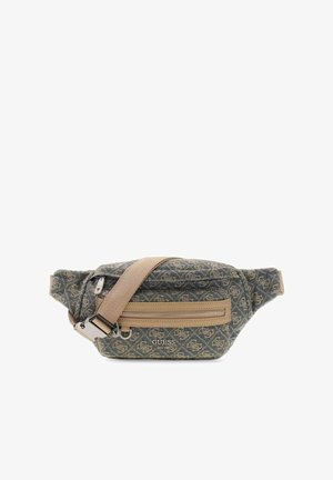 Banane compacte Guess avec sangle ajustable beige, poche avant zippée et tissu à motifs en gris foncé et beige.
