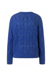 Pull bleu tricoté avec un motif texturé en vagues, poignets et ourlet côtelés. Le design est légèrement ample avec un col rond.