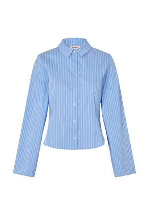Blue striped shirt with a collared neckline, long sleeves, and a fitted silhouette. Made from smooth fabric with shiny buttons.
