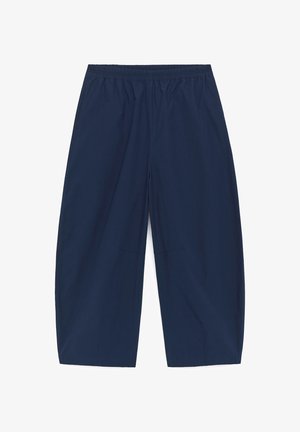 Laivastonsiniset leveälahkeiset housut, joissa on joustava vyötärönauha ja sivutaskut, valmistettu kevyestä kankaasta.