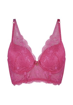 Soutien-gorge en dentelle rose avec des motifs floraux, des bords festonnés délicats, des bretelles réglables et un petit pendentif en forme de triangle métallique au centre.
