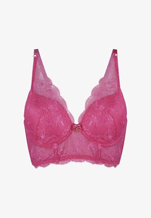 Roze kanten beha met bloemmotieven, verfijnde geschulpte randen, verstelbare banden en een kleine metalen driehoek charm in het midden.