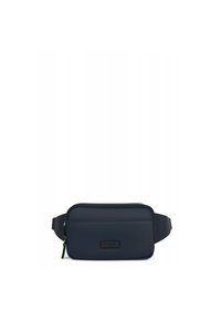 Marsupio in tessuto blu navy con superficie testurizzata, forma rettangolare, scomparto con zip e tracolla piatta. Presenta un'etichetta con logo.