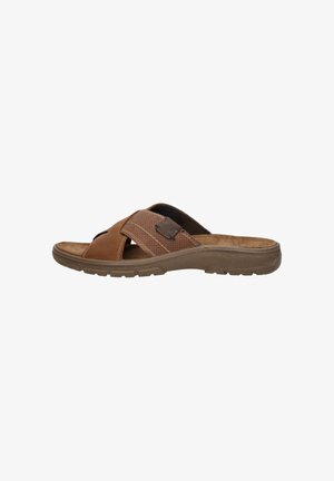 Bruine leren slidesandalen met gekruiste banden, textuurdetails en een gevoerde binnenzool. Voorzien van een flexibele rubberen buitenzool voor comfort.