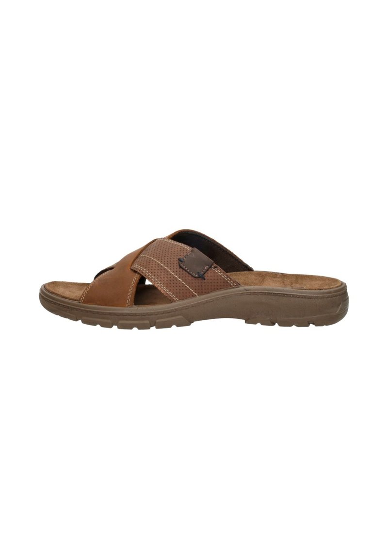 Bruine leren slidesandalen met gekruiste banden, textuurdetails en een gevoerde binnenzool. Voorzien van een flexibele rubberen buitenzool voor comfort.