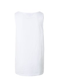 Débardeur blanc uni sans manches avec un col rond, vu de dos sur un fond blanc.