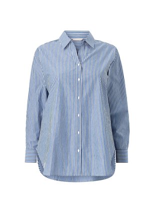 Blauw-wit gestreept overhemd met lange mouwen, knopen en kraag, met omgeslagen manchetten, weergegeven op een witte achtergrond.