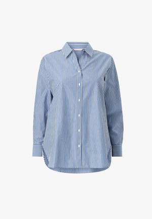 Blue and white vertical striped long-sleeve button-up shirt with a collar and cuffed sleeves, displayed on a white background.