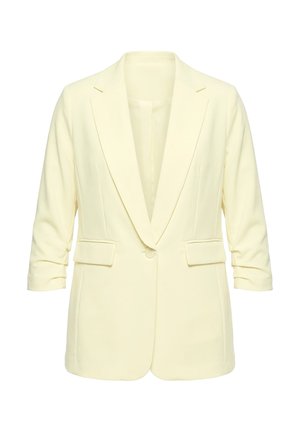 Crèmekleurig damesblazer met enkele knoopsluiting, reverskraag, driekwartmouwen en twee voorzakken met klep.