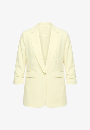 Blazer da donna color crema con chiusura a un bottone, rever dentellati, maniche a tre quarti e due tasche con patta frontali.