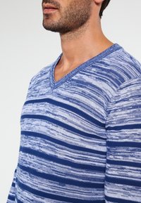 Blå och vit randig stickad tröja med V-ringning och strukturerad tyg, med varierande randiga mönster och ribbad halsringning.