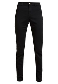 Černé slim-fit kalhoty s hladkou texturou, vybavené předním zapínáním na knoflík, poutky na pás a klasickými kapsami. Navrženy pro elegantní střih.