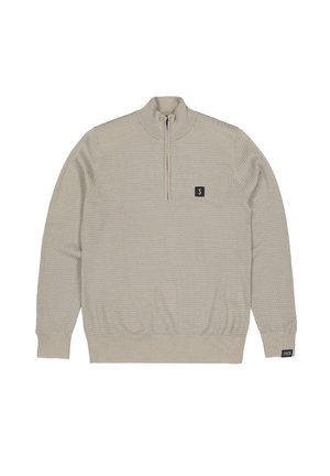 Lichtbeige pullover trui met een kwartrits, textuur gebreide patroon, ribgebreide mouwen en zoom, met een klein zwart logo-embleem op de borst.