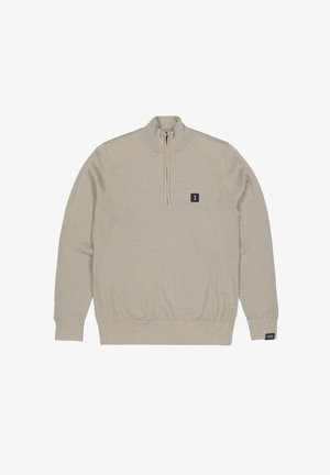 Hellesbeige Pullover-Sweatshirt mit einem Viertel-Reißverschluss, strukturiertem Strickmuster, gerippten Bündchen und Saum sowie einem kleinen schwarzen Logo-Patch auf der Brust.