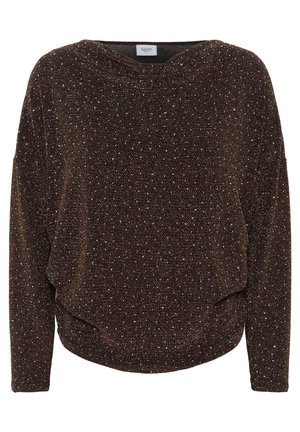 Sweat-shirt marron scintillant avec un large décolleté, manches longues et coupe décontractée. Tissu texturé avec des accents métalliques sur toute la surface.