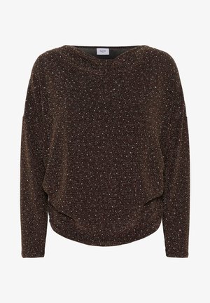 Sweat-shirt marron scintillant avec un large décolleté, manches longues et coupe décontractée. Tissu texturé avec des accents métalliques sur toute la surface.