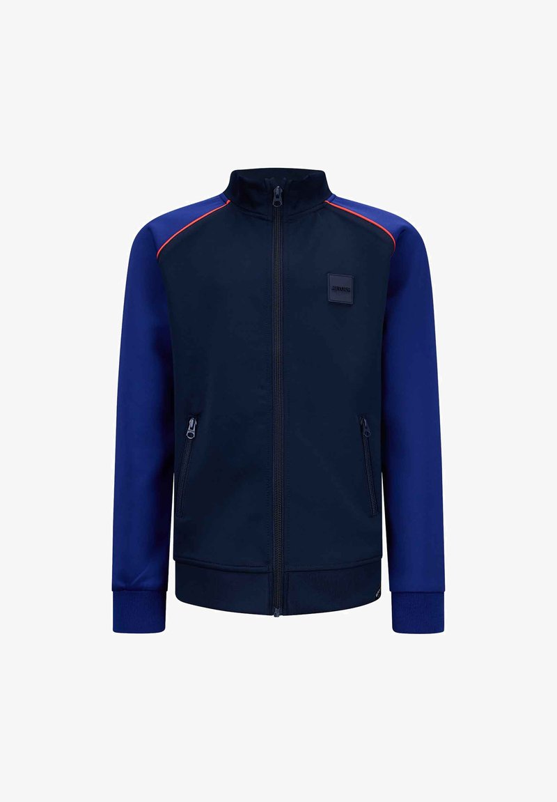 Marine blauw zip-up jack met contrasterende blauwe mouwen en rode accenten, gemaakt van gladde stof; bevat zij-zipzakken en een opstaande kraag.