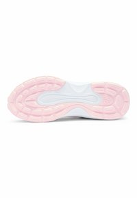 White athletic shoe outsole with textured rubber, featuring pink accents and a wave-like design in the middle for cushioning and support.