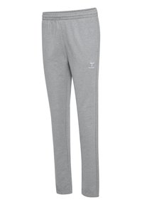 Grå svedpants fremstillet af blødt stof, med et logo på venstre hofte, elastisk talje og indsnævrede ben med side-seam detaljer.