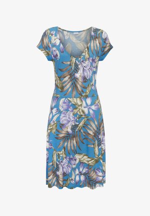Cvećasta obleka s plavo osnovo in vijoličnimi ter zelenimi rastlinskimi vzorci, kratkimi rokavi, V-izrezom in padajočim robom.