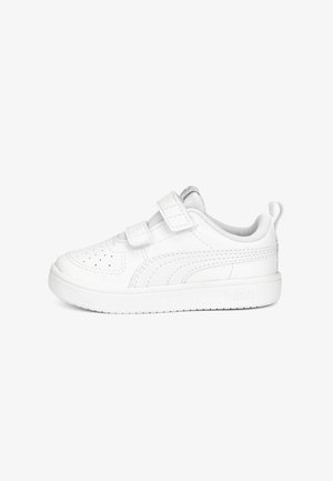 White sneaker with a smooth leather exterior, perforated toe for ventilation, two adjustable Velcro straps, and padded collar for comfort.