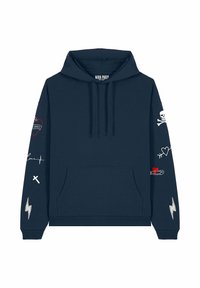 Felpa blu navy con tasca frontale, coulisse e stampe sulle maniche che includono teschi, cuori, fulmini, croci e il testo "Love Hurts".