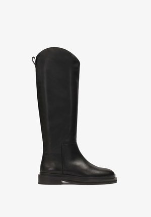 Black knee-high leather boot with rounded toe, flat sole, and pull tab at the back, shown from the side on a white background.
