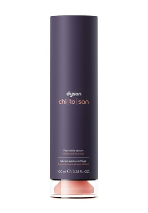 Dyson chi | to | san Post-Style Serumflasche, 100 ml, dunkelviolett mit pfirsichfarbener Schrift, hält und hydratisiert Haarstylingprodukt.