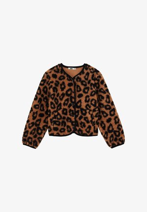 Kardigan im braunen und schwarzen Leopardenmuster aus samtigem Material, mit Rundhalsausschnitt, langen Ärmeln und Knopfleiste.
