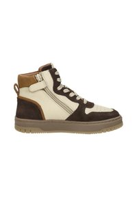 Hoge sneakers van crèmekleurig leer met accenten van bruin suède. Voorzien van een zijrits, veters en een gestructureerde rubberen zool.